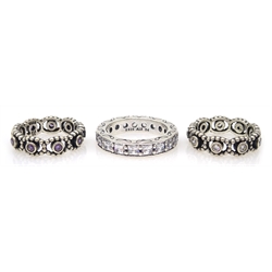  Pandora jewellery - three leather bracelets, two triple wrapped bracelets, two fabric all with silver Pandora clasps eight silver rings and two pairs earrings, all stamped S925 ALE   