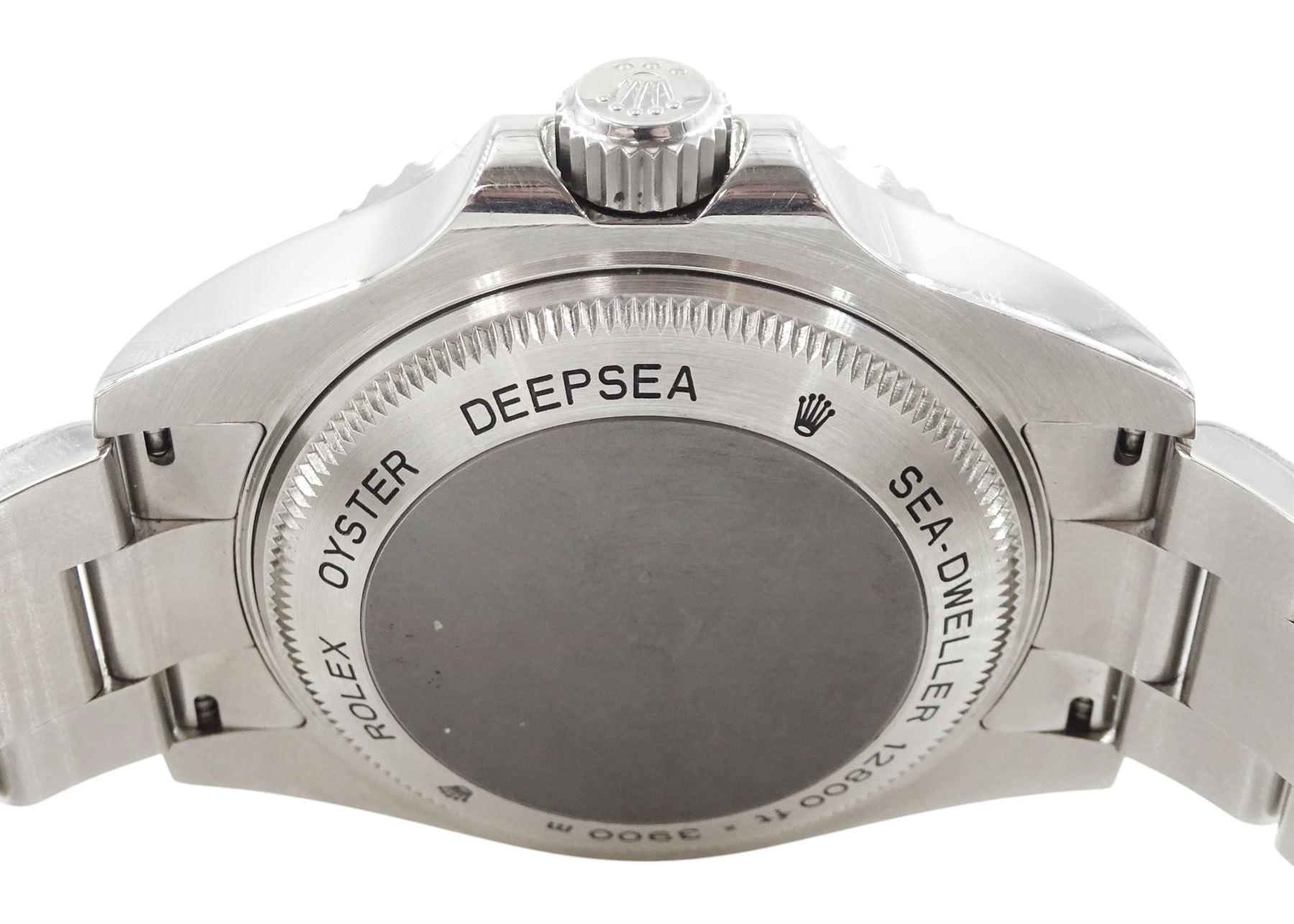 Rolex Oyster Perpetual Date Deepsea Sea-Dweller gentleman's stainless steel automatic wristwatch, circa 2008, Ref. 116660, serial No. V120010, luminous filled dot hour markers, baton quarters and white outer minute divisions, on Rolex Oyster bracelet, with fold-over clasp, boxed with papers