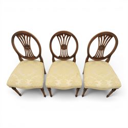 Bevan Funnell Reprodux - Regency design set of ten mahogany dining chairs, oval backs with central splat with rose motif, serpentine seat upholstered in damask fabric, raised on turned supports