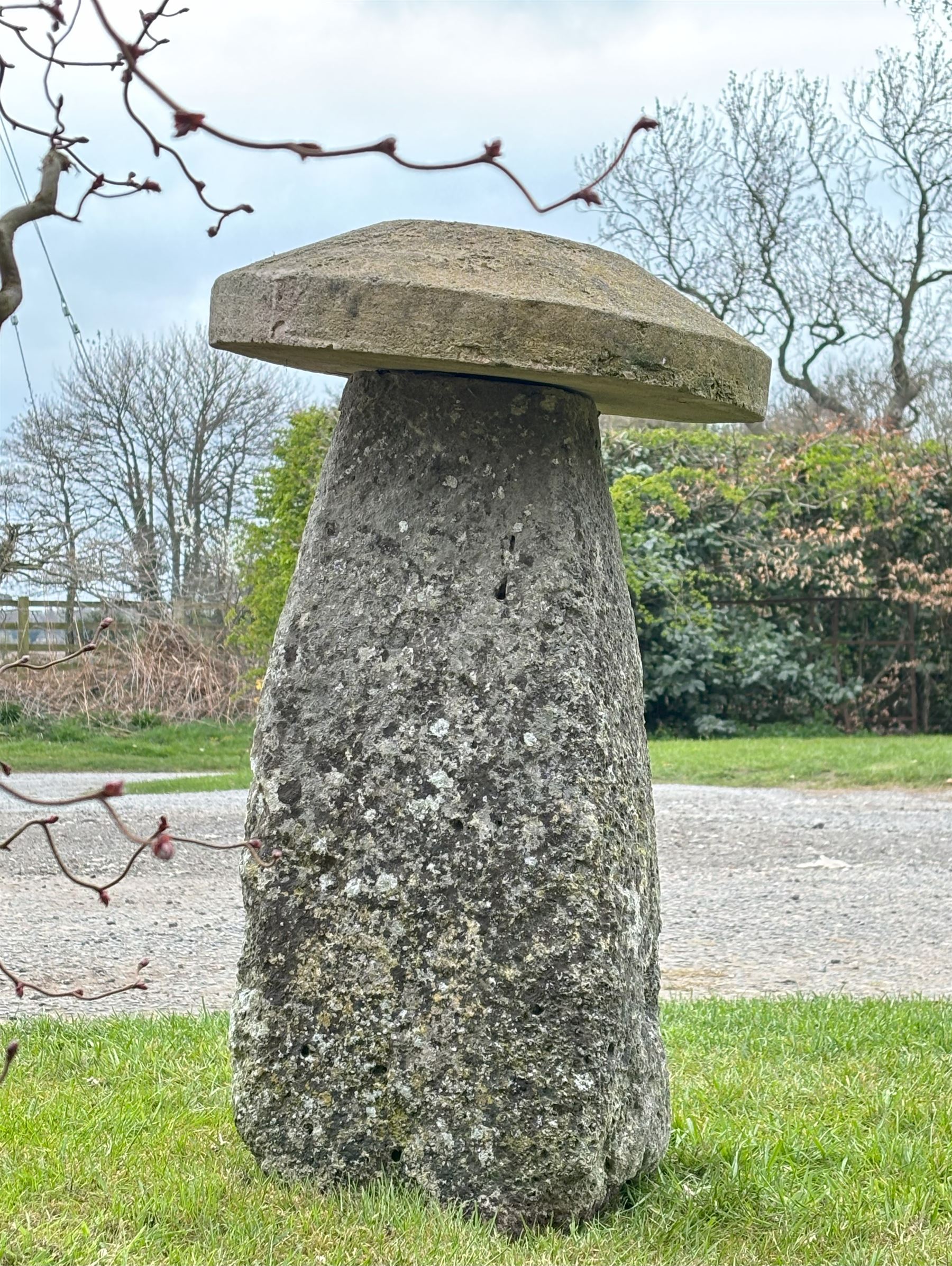 Carved and weathered Cotswold staddle stone garden mushroom of characteristic form, 18th century, with a later circular top. H82cm. - COLLECTION BY APPOINTMENT FROM: The White House, Thirsk Road, Easingwold, York, YO61 3NF - CALL 01723 507111 TO ARRANGE