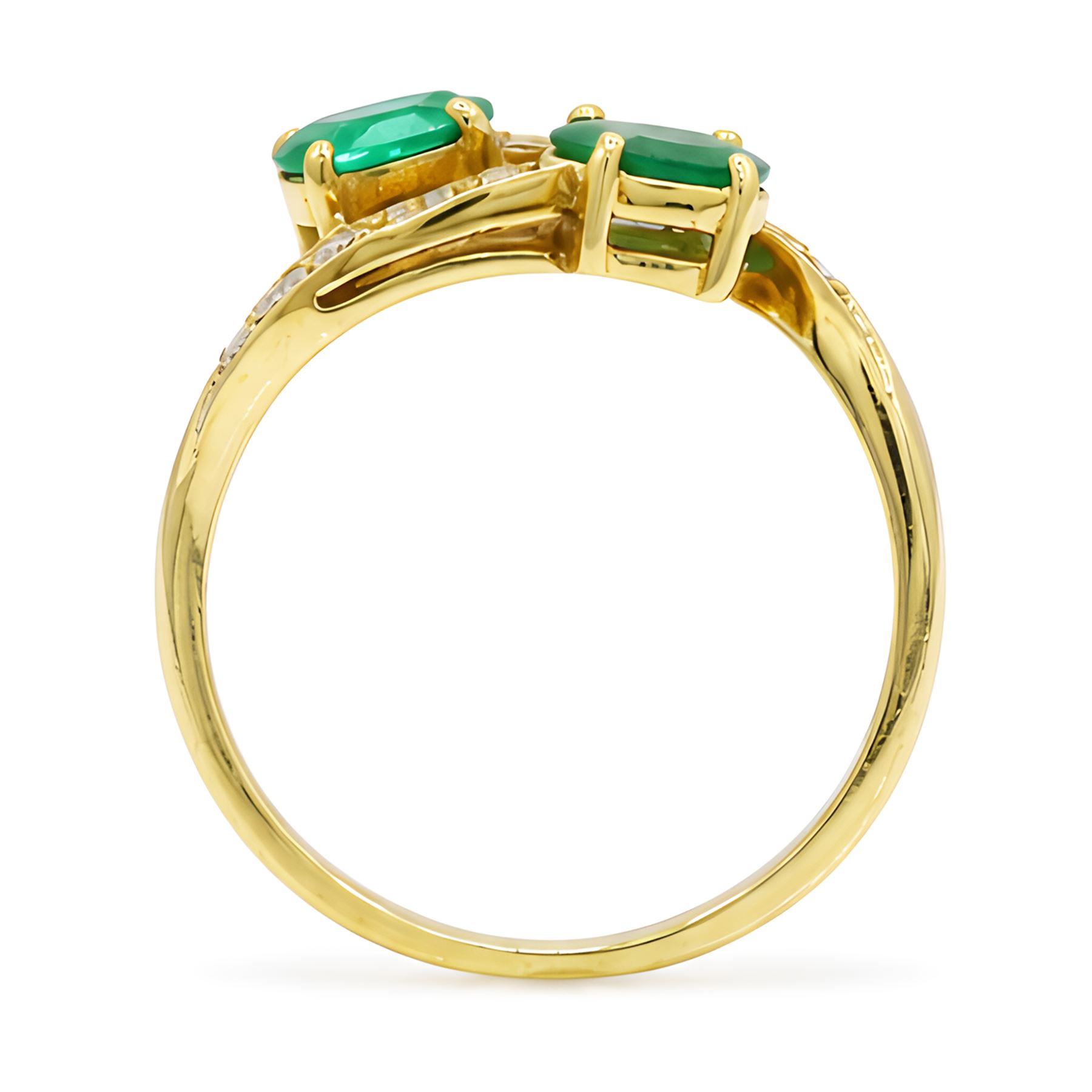 18ct gold emerald and diamond crossover ring, set with five round brilliant cut diamonds and two oval cut emerald finials, Sheffield 1989, total emerald weight approx 0.40 carat