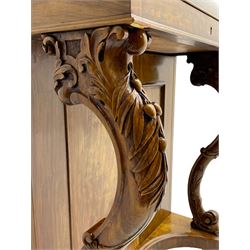 Fine and unusual 19th century olivewood piano top davenport, raised shaped back carved with olive branches and olives, the top hinges to reveal lidded and correspondence compartments, the piano lid enclosing sliding top with hinged and adjustable writing surface with leather inset, right-hand panelled door enclosing four drawers, olive branch and scroll carved cabriole front supports on moulded and shaped platform, turned cup feet with recessed castors 