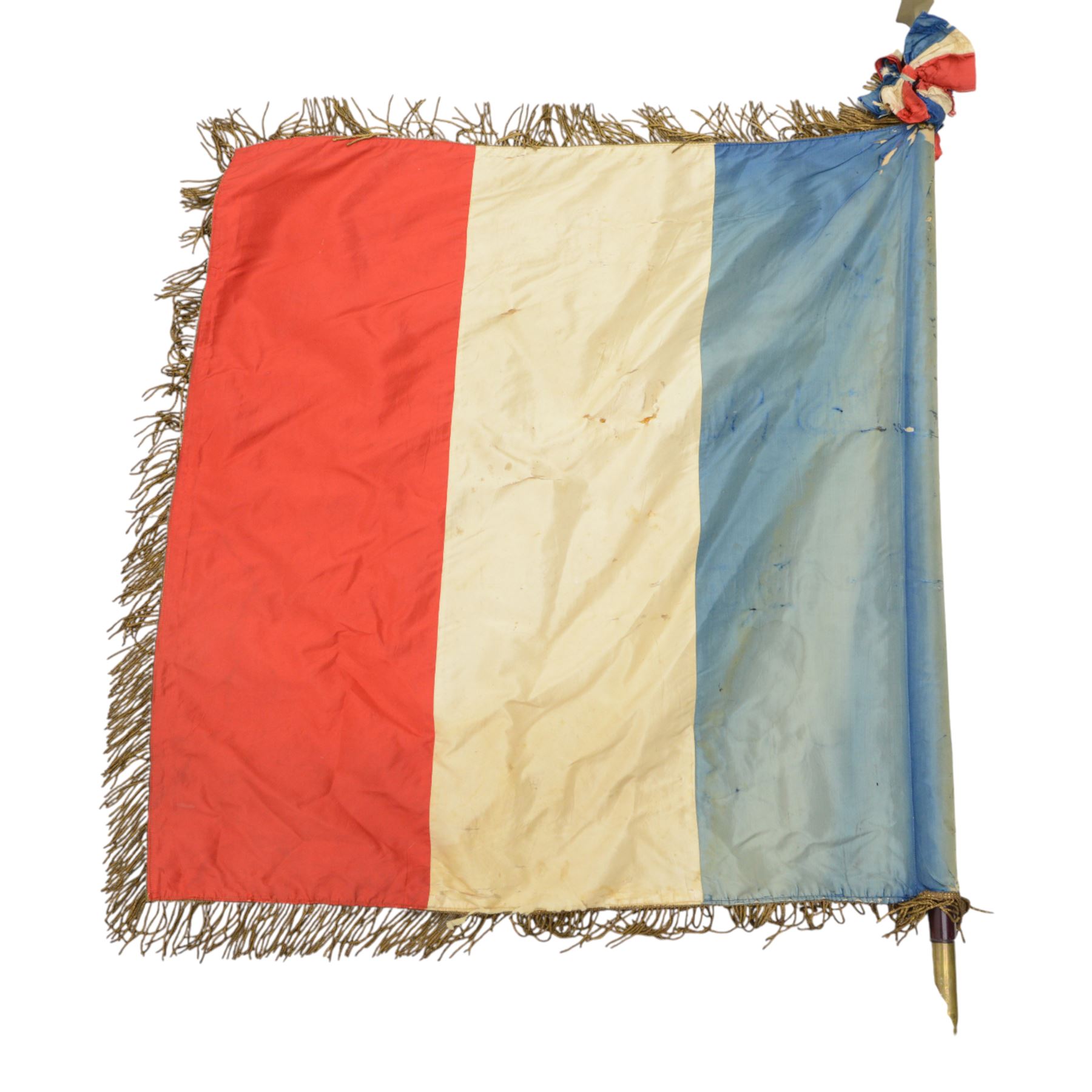 French Reserve of Non-commissioned officers association banner, in blue red and white silk with inscription 'Union Regional Des Sous-Officers De Reserve 17e Region' with bullion fringe borders, wood and brass pole with spearhead finial, L210cm
