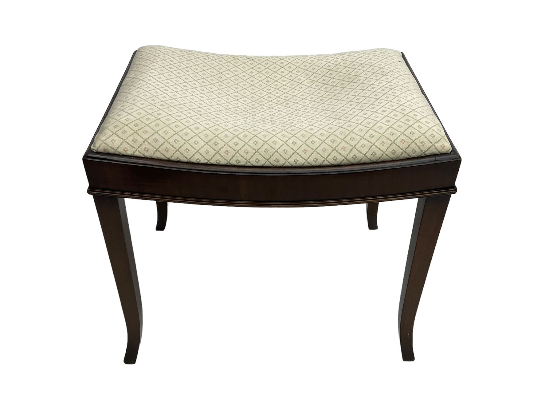 Mahogany rope twist jardiniere stand (H98cm); George III mahogany fold-over tea table (H75cm); occasional table with sectioned drawer (H72cm, W49cm, D37cm); upholstered stool (4)