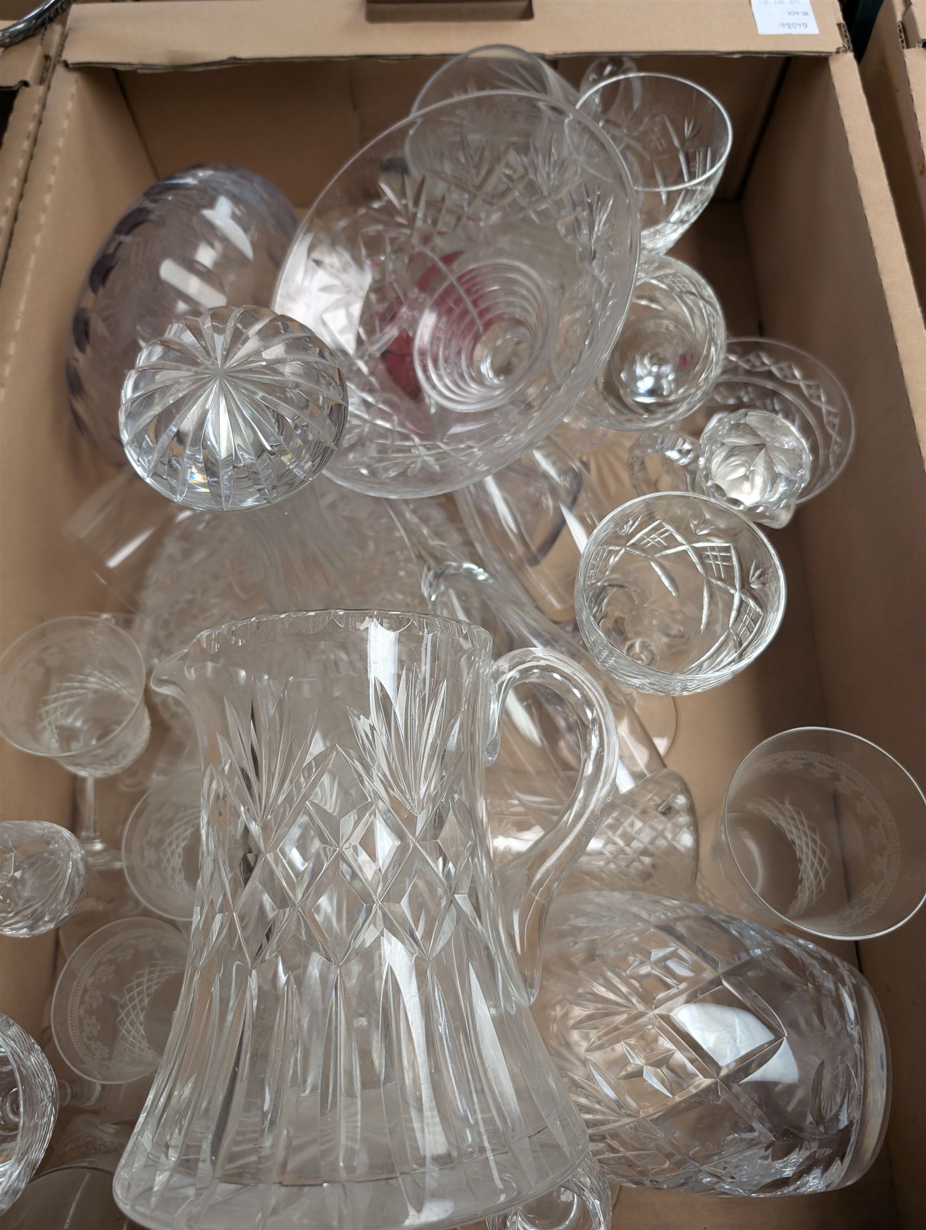 Collection of silver plate including twin-handled tray, cut glass, ceramics and other collectibles, in five boxes