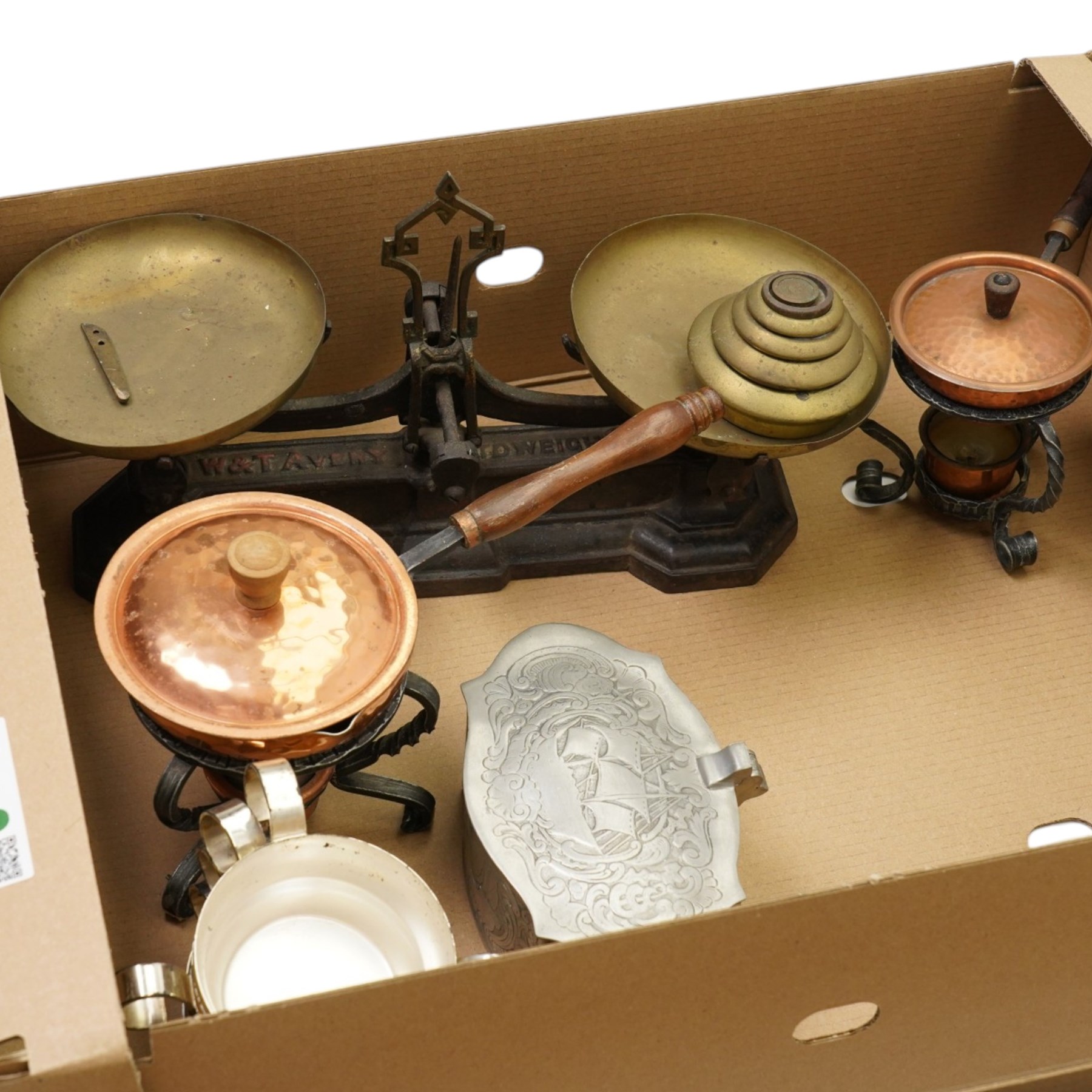 Max Elb, Dresden patent charcoal box iron, two others, flat iron, kitchen scales and weights etc