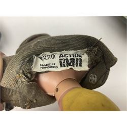 Action Man - five figures marked on the back 'Made in England by Palitoy under licence from Hasbro 1964', one dressed as a German Stormtrooper, one as a Red Devil Pilot and three in army uniform; another similar action figure marked to the right buttock ' G.I. Joe Copyright 1964 by Hasbro Patent Pending Made in Canada' dressed in army uniform; together with an Action Man jeep, field gun, mortar and machine guns and other accessories including helmets and weapons, parachute, diving equipment, skis and snow shoes, boots, uniforms etc; all unboxed