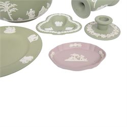 Wedgwood sage green jasperware to include Bowl, vases, covered trinket dish, plate etc