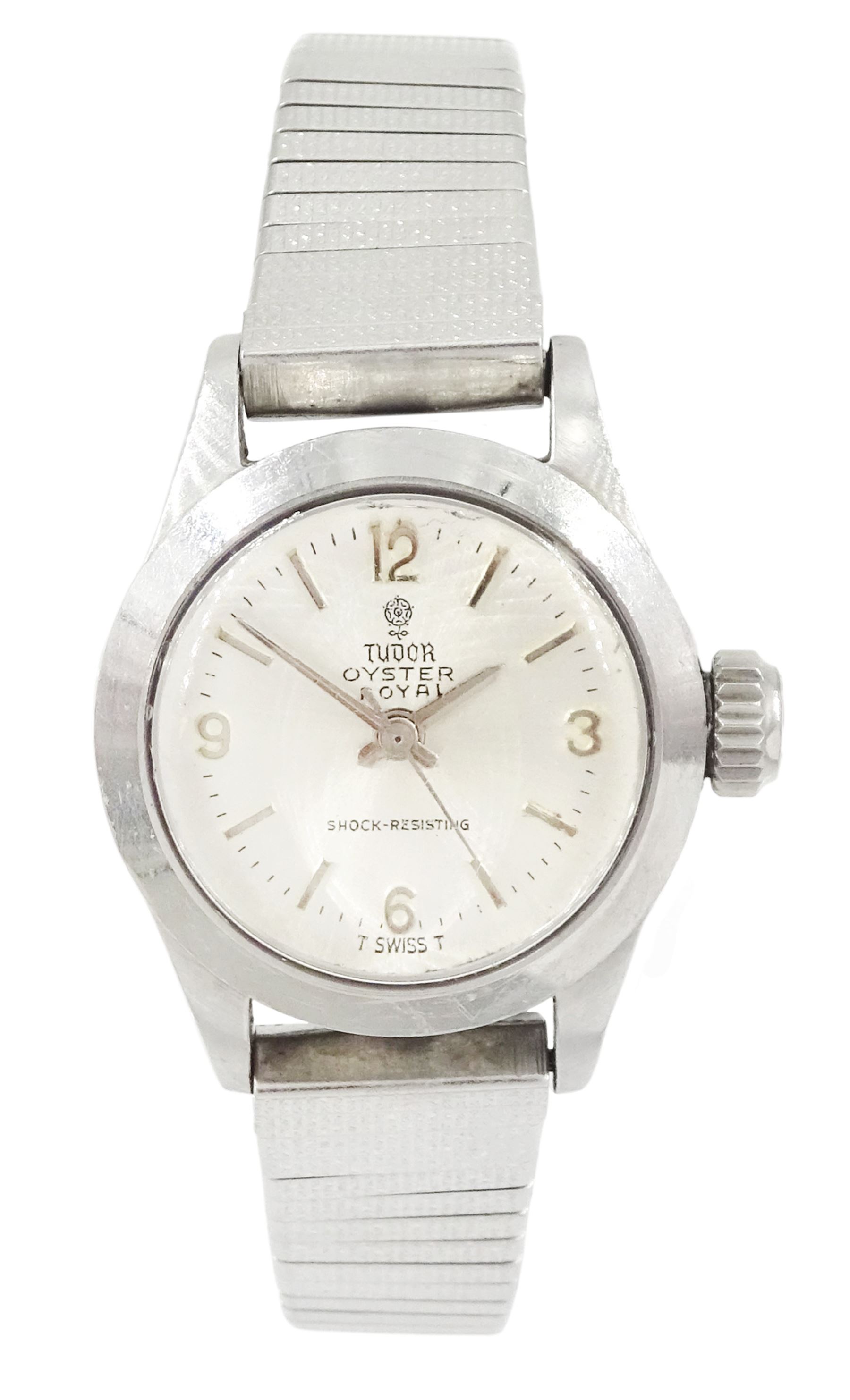 Tudor Oyster Royal ladies stainless steel manual wind wristwatch, Ref. 7535/0, serial No. 608684, silvered dial with baton and Arabic hour markers, on stainless steel strap