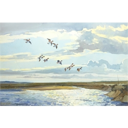  Sir Peter Markham Scott, CH CBE FRS (British 1909-1989): 'Widgeon over Cley Marshes- Evening Flight', oil on board signed, original title label verso 49cm x 75cm   DDS - Artist's resale rights may apply to this lot  