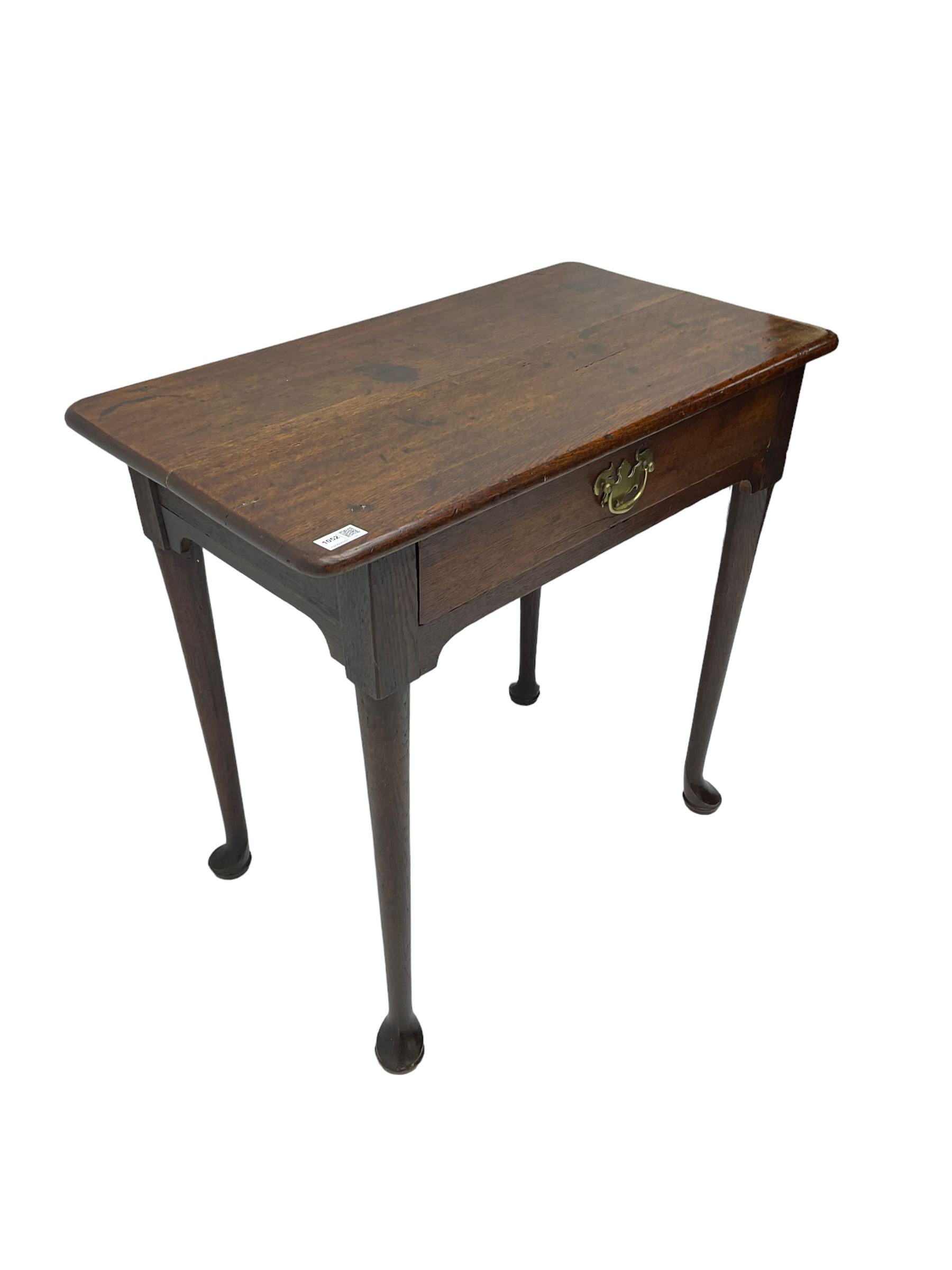 George III oak low boy, fitted with single drawer, raised on tapered supports with pad feet