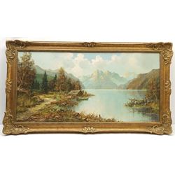 Continental School (20th century): Fjord Landscape with Fishing Hut, oil on canvas signed indistinctly 49cm x 100cm