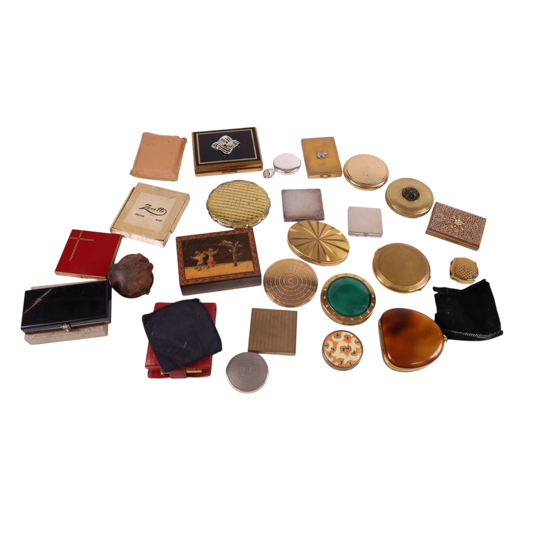 Collection of vintage compact mirrors, pill boxes and vanity cases, including Agme, Coty and Flamingo examples