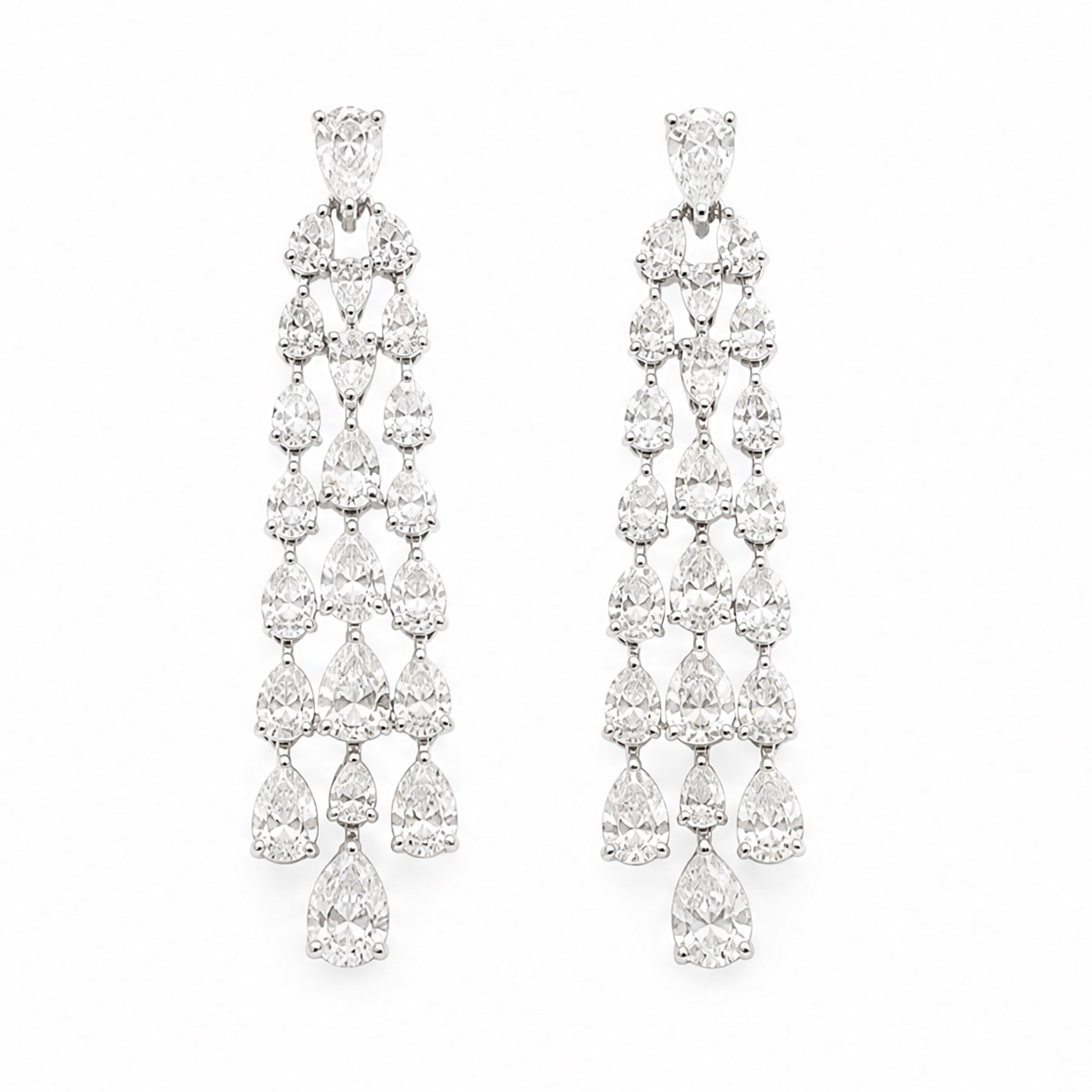 Pair of 18ct white gold diamond pendant earrings, each stud set with pear cut diamond, suspending three rows of graduating pear cut diamonds, total diamond weight approx 7.60 carat