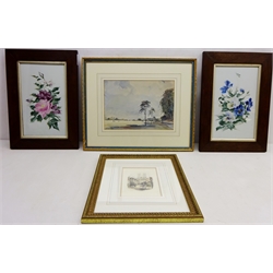  Still Life of Flowers, two oils on porcelain, Harrogate, watercolour signed and dated 2001 by R. W Blackworth and Lincon Cathedral, colour engraving max 26cm x 37cm (4)  