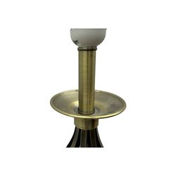 Contemporary brushed metal standard lamp, brass effect with cylindrical stem, on circular base, H131cm; matching table lamp, H35cm (2)