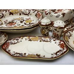 Masons Brown Velvet pattern tea and dinner wears, to include eight dinner plates, eight twin handled soup bowls and saucers, eight tea cups and saucers, cheese cover and plate, jug, meat platter etc (84)  