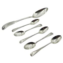 George IV silver Fiddle and Shell pattern table spoon, hallmarked James & Walter Marshall, Edinburgh 1823, also marked DM, together with five Victorian teaspoons with engraved detail to stems, hallmarked Josiah Williams & Co, London 1894, approximate total weight 4.72 ozt (147 grams)