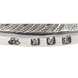 Edwardian Irish silver dish ring, of circular waisted form, embossed and pierced throughout with scene of figures, birds, cattle and buildings amidst C scrolls, hallmarked James Wakely & Frank Clarke Wheeler, Dublin 1906, upper rim D10cm, approximate weight 4.11 ozt (128 grams)