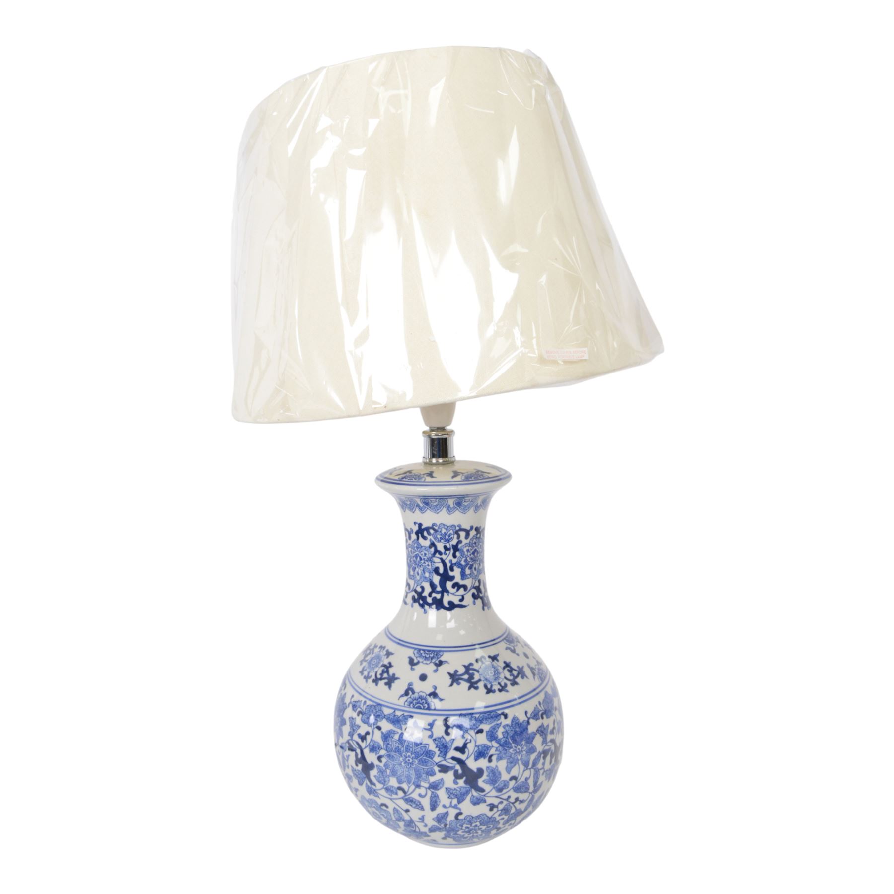 Oriental style blue and white table lamp, with cream shade, H43cm