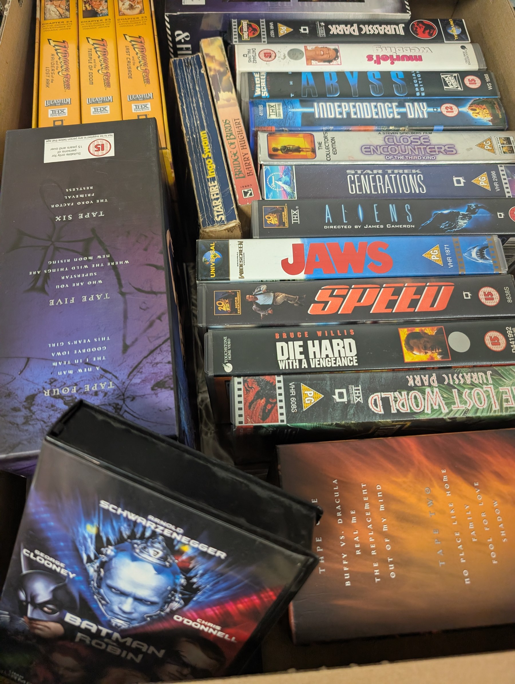 Collection of Sci-Fi and other classic film and TV VHS tapes, DVDs and Blu Rays, including Buffy, Doctor Who, Angel, etc, in four boxes