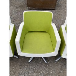 Salon Equipment - Set of four green and white faux leather hydraulic styling salon chairs - THIS LOT IS TO BE COLLECTED BY APPOINTMENT FROM DUGGLEBY STORAGE, GREAT HILL, EASTFIELD, SCARBOROUGH, YO11 3TX