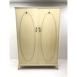 French style cream painted double wardrobe, two doors enclosing  single shelf and hanging rails, cabriole feet 