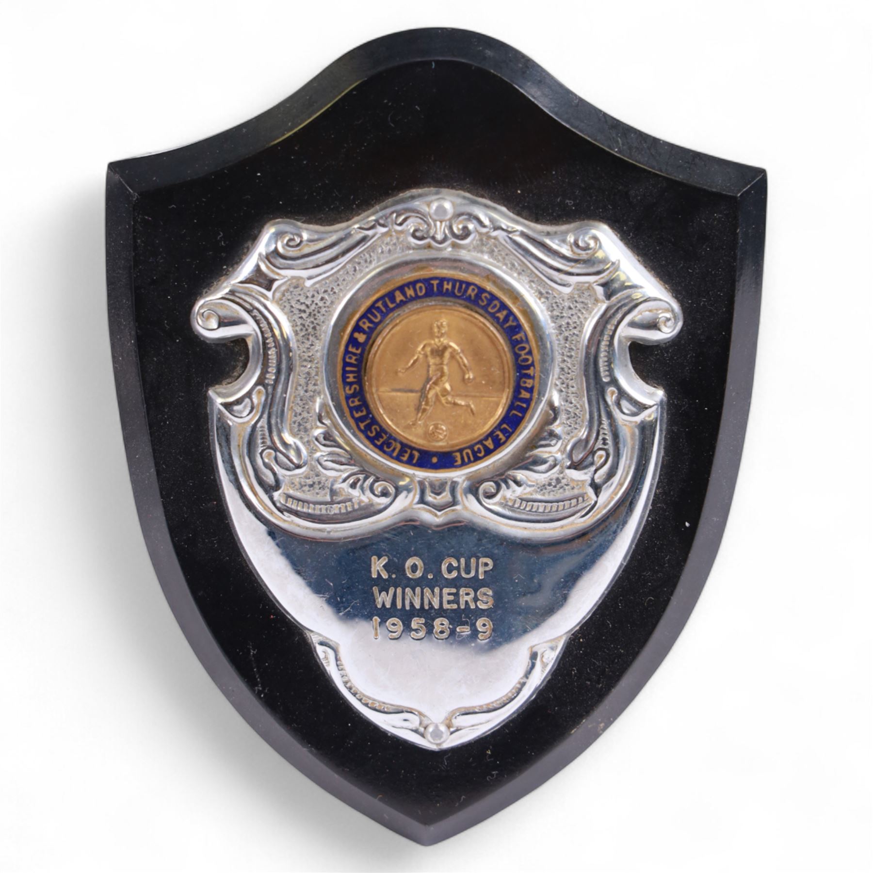 Six 1950s Leicester & Rutland Football League and Challenge Cup  silver plated trophy cups and plaques, from the estate of former Leicester City player Colin Appleton, largest H18cm