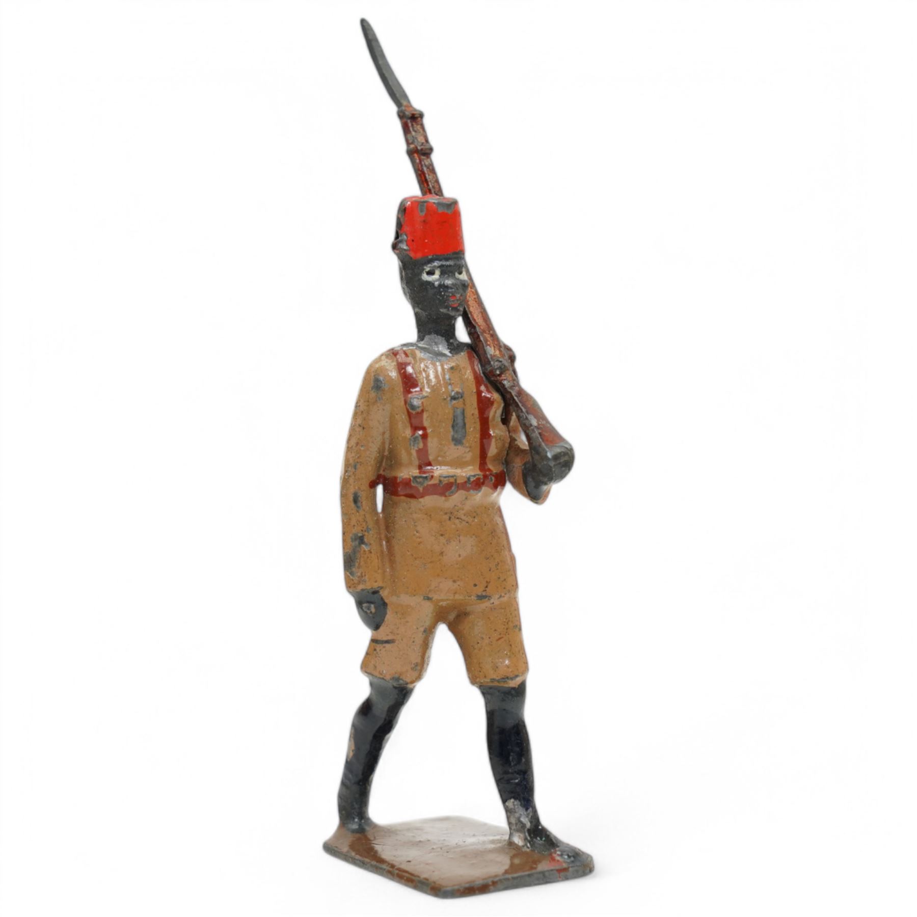 Set of fourteen Johillco lead cavalry on white horses, some with pennants, Britains overseas and colonial foot soldiers and cavalry and a Britains Zouaves box