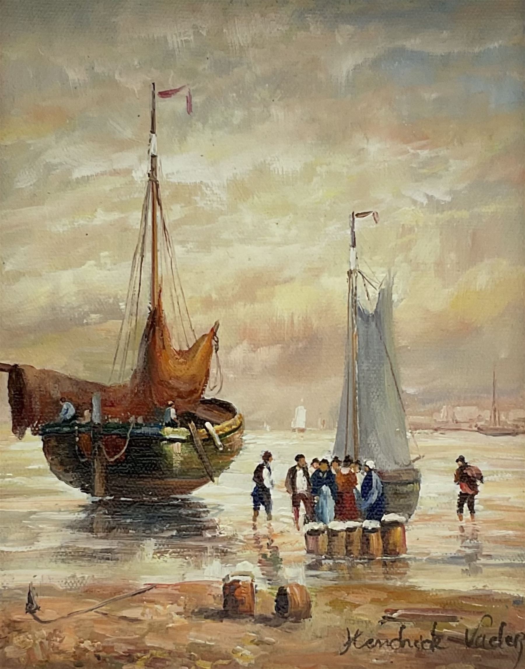 Hendrick Vader (Dutch 1928-1997): Figures and Boats on the Shoreline, oil on canvas signed 26cm x 20cm
