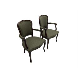 Pair French style stained beech elbow chairs, the cresting rails carved with flower heads, mould arms with scrolled terminals, upholstered in green woollen herringbone fabric, floral carved cabriole supports