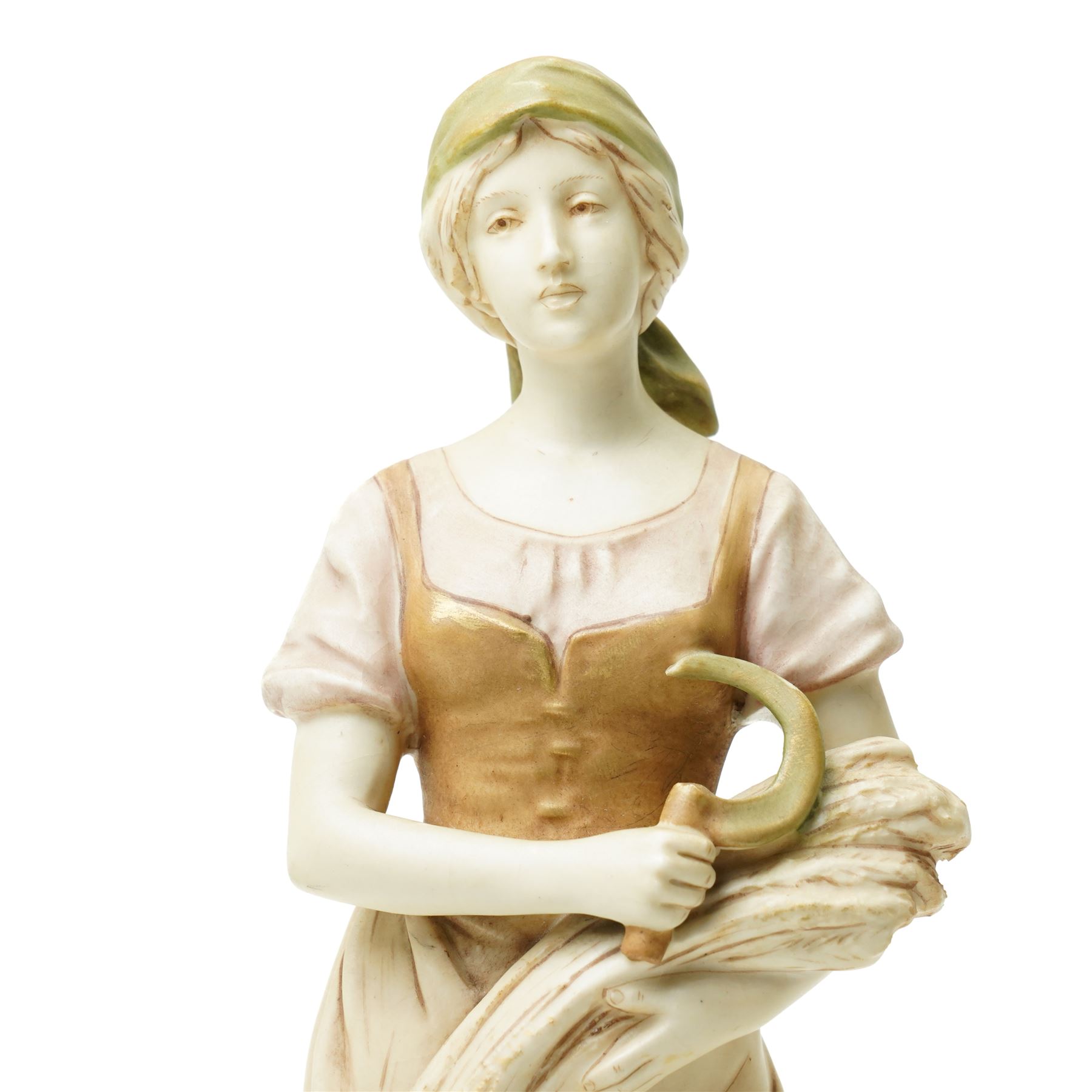 Pair of Royal Dux figures of agricultural workers modelled by Alois Hampel, one holding a scythe, the other sewing wheat model numbers 1457 and 1458 H32cm 