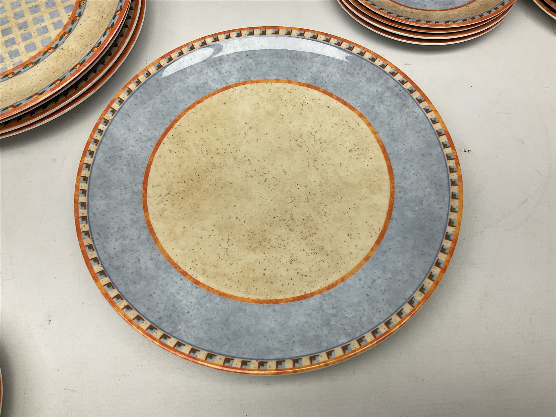 Villeroy & Boch Gallo design Switch 4 Naranja & Nazare pattern tea and dinner wares, to include seven dinner plates, twin handled lidded tureen, five mugs, four saucers, jug, lidded sucrier, large bowl,  seven ramekins, various side plates, two bowls etc