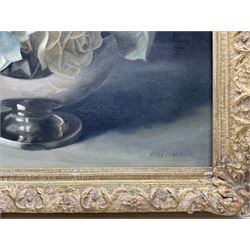 Jack Heyworth (20th century): Still Life of Roses, oil on board signed, artist's 'Haslingden' address label verso 39cm x 49cm