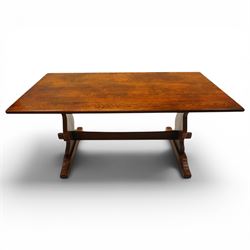 Batheaston Bespoke Furniture Harrogate - 17th century design oak refectory dining table, rectangular top raised on shaped end supports with sledge feet, united by pegged stetcher