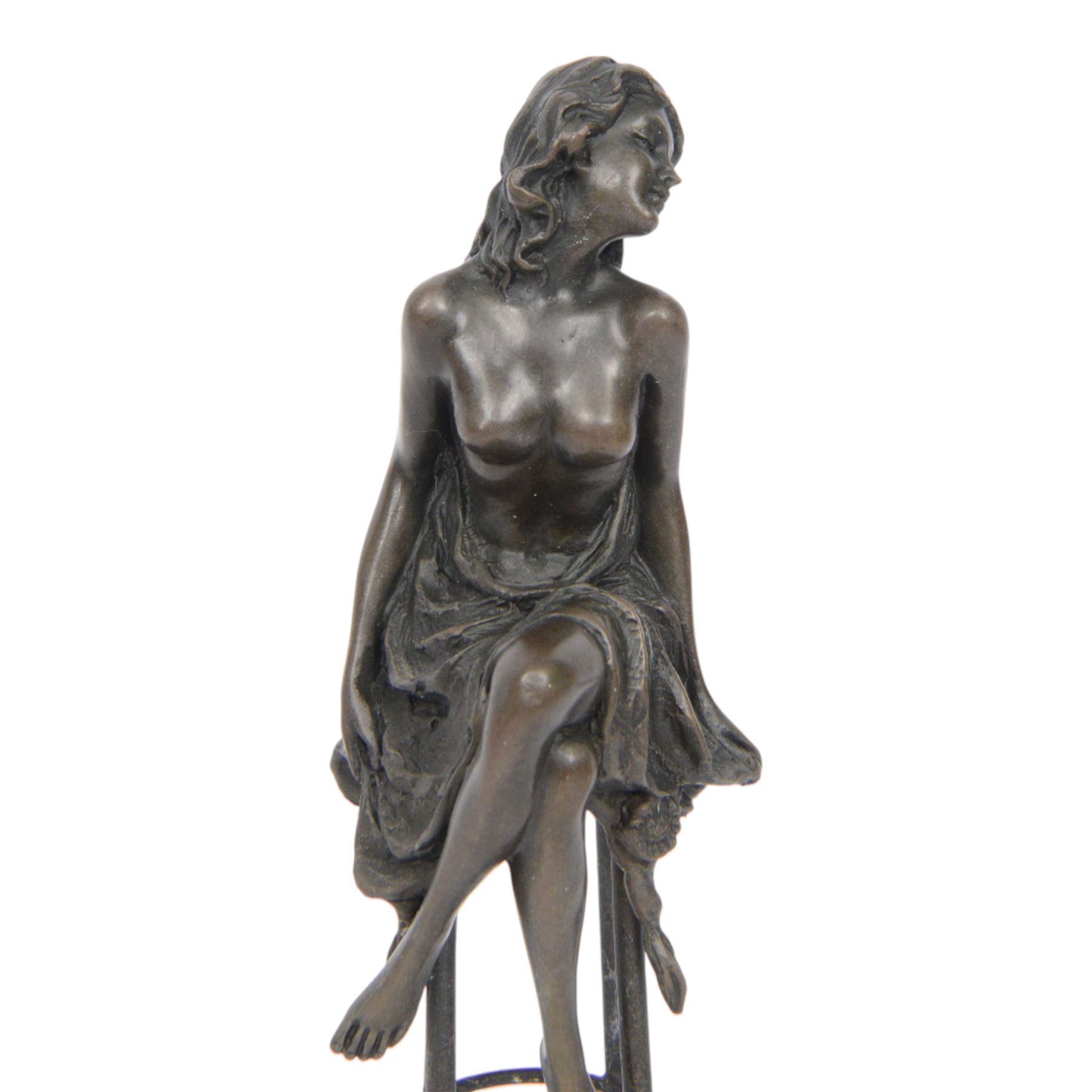 Art Deco style bronze modelled as a semi naked female figure, seated upon a chair, after 'Pierre Collinet', H27cm