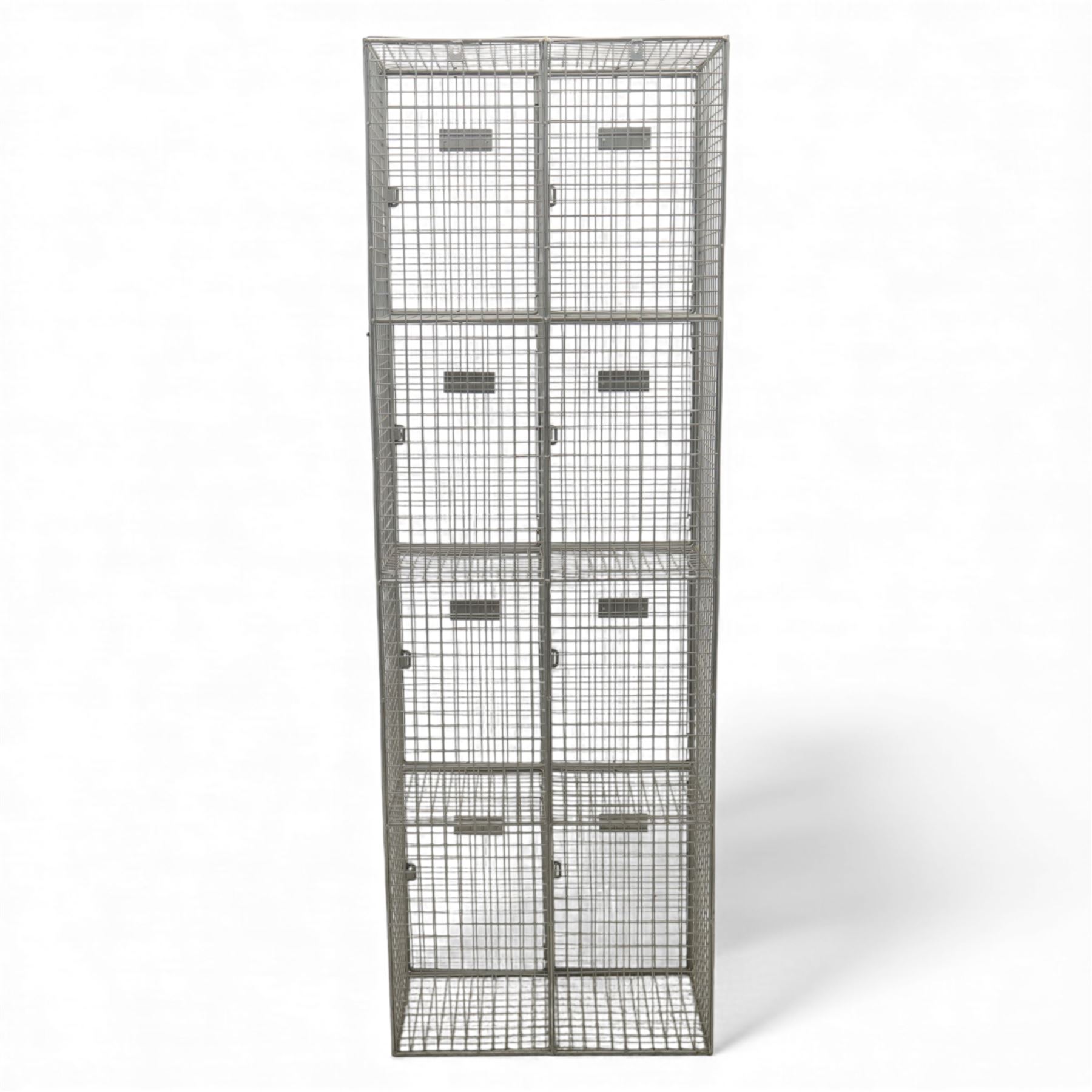 Mid-20th century industrial wire mesh locker, comprising eight compartments with hinged doors and metal label plates, galvanised finish 
