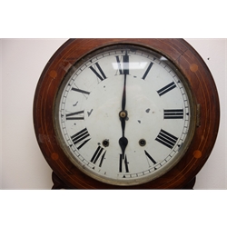  Victorian drop-dial wall clock, inlaid case with painted Roman dial, twin train movement striking the hours on a bell, H66cm  