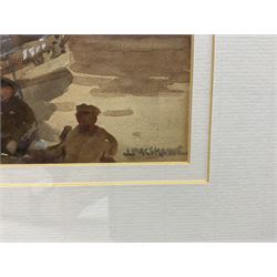 Joseph Richard Bagshawe (Staithes Group 1870-1909): Fishermen at Dock End Whitby, watercolour heightened in white signed 16cm x 24cm