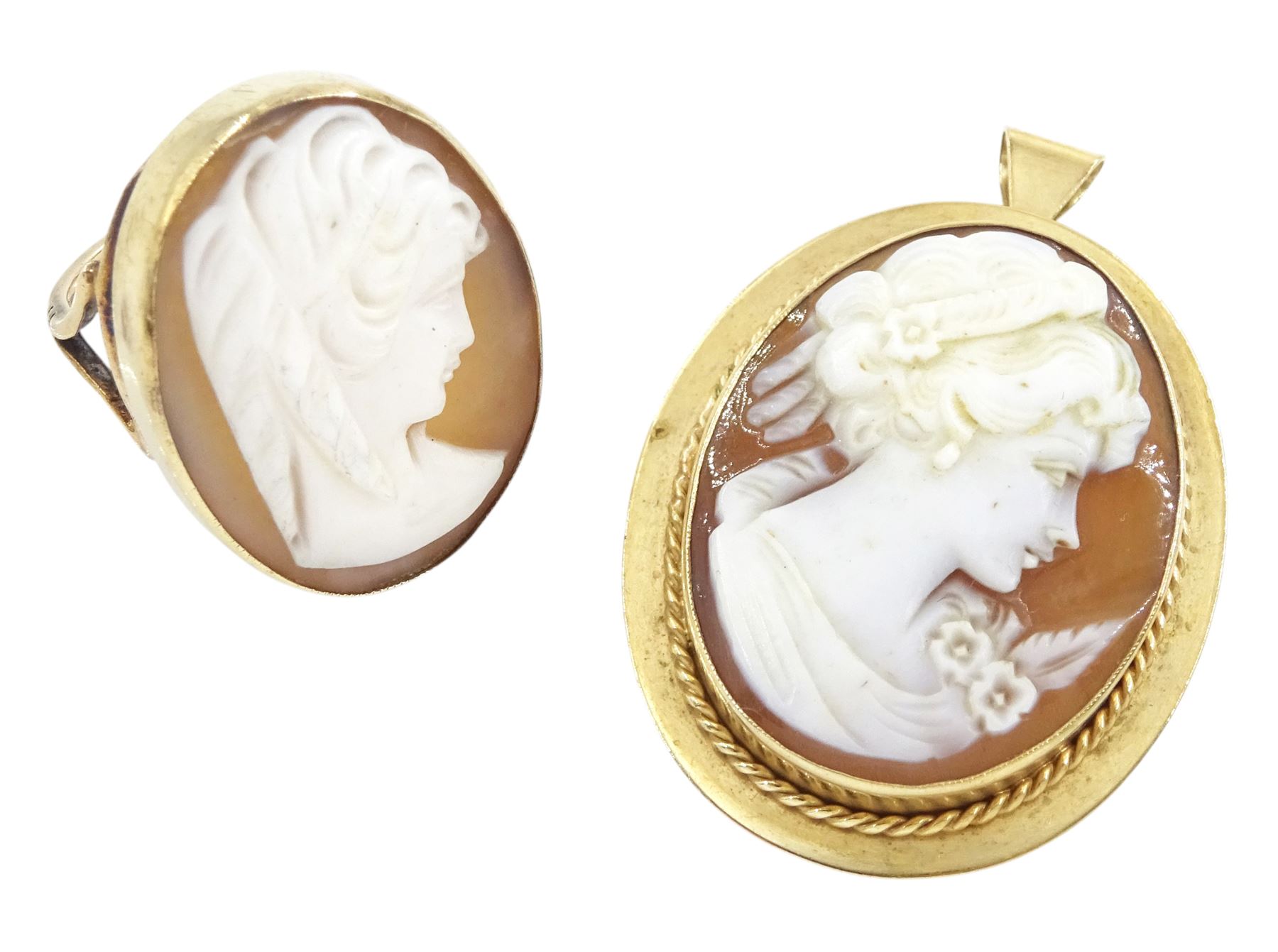 Rose gold cameo ring and a rose gold cameo brooch, both hallmarked 9ct