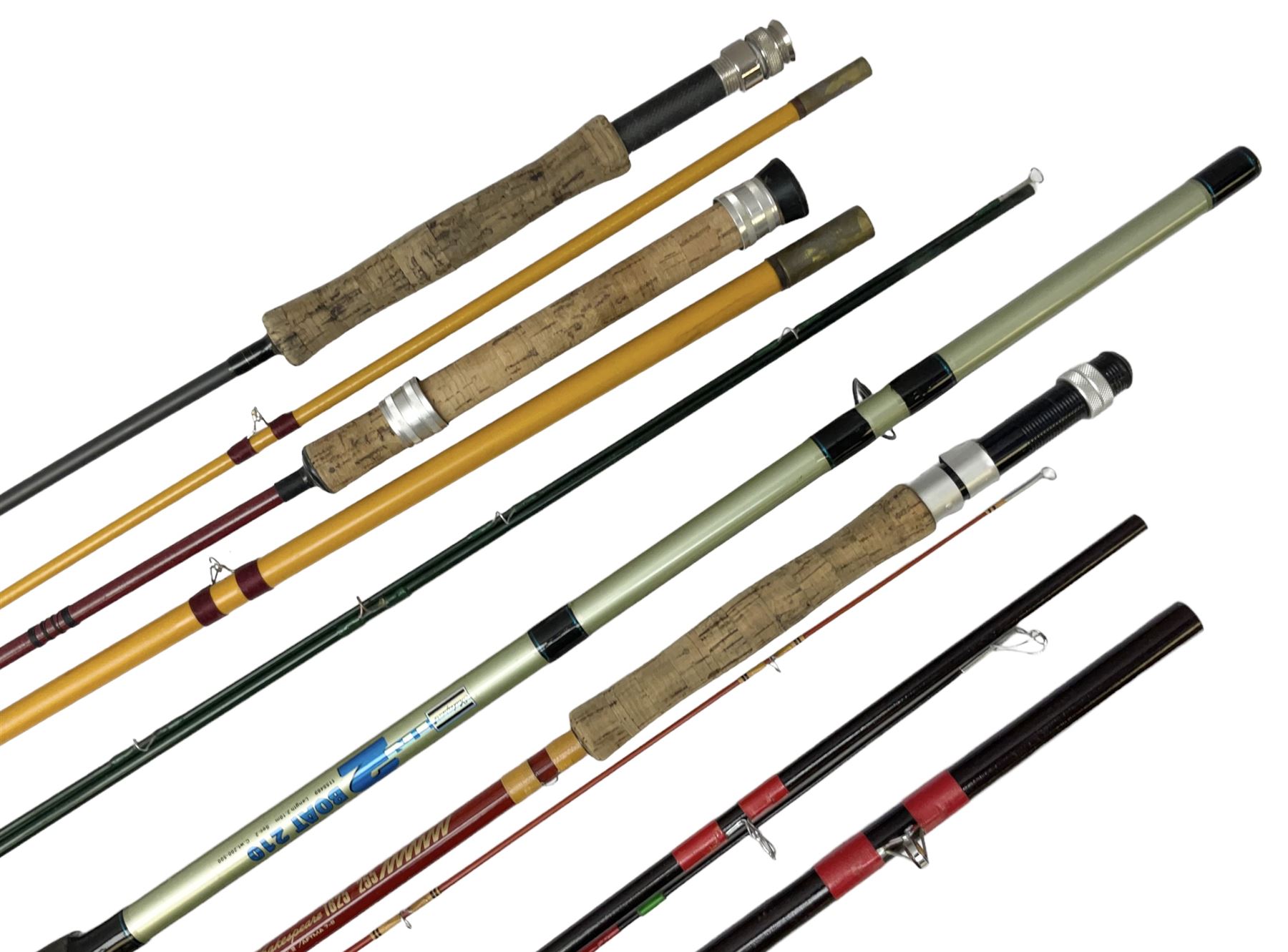 Quantity of fly and sea fishing rods and accessories, to include Shakespeare Boat 210 rod, Daiwa rod and others, and Guang Zhao FLD9000 course fishing reel, Beachmaster 7000FD, Rimfly II amd Penn Super Mariner, tackle etc