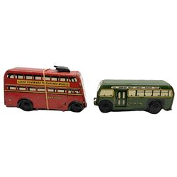 Wells Brimtoy/Pocketoy - seven tin-plate and plastic clockwork or friction-drive  vehicles comprising Milk Tanker, Greenline Coach, Liquid Oxygen Wagon, Side-Tipping Wagon, Snacks Van with drop-down counter, London Trolley Bus and covered wagon; all unboxed (7)