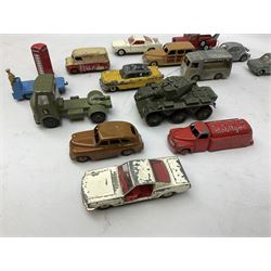 Dinky/Corgi - twenty-nine unboxed and playworn die-cast models including Mobilgas Tanker, two BEV Trucks, Aveling-Barford steam roller, Coventry Climax fork-lift, Hudson Hornet, Vanguard, Post Office Telephones Van, Royal Mail Van etc