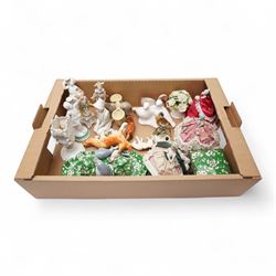 Three German half dolls with skirts, Crown Staffordshire ink stand and trinket box, Beswic...