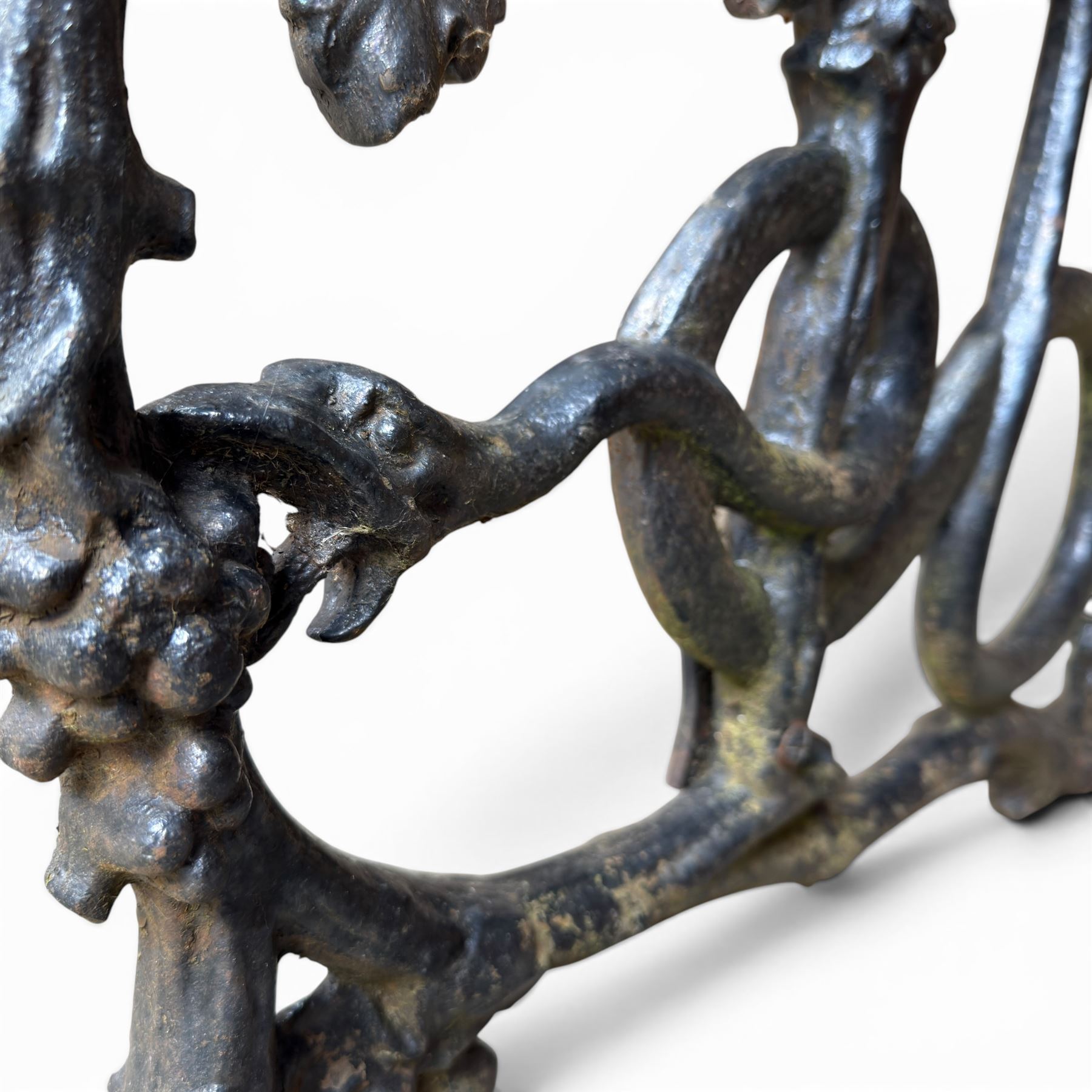 Victorian revival Coalbrookdale 'Dog and Serpent' pattern heavy cast iron garden bench, grape vine detail, joined with eight hardwood slats, finished in black paint