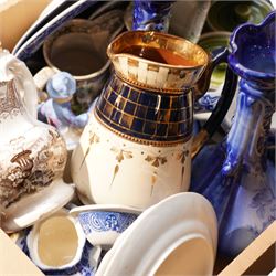 Copeland late Spode jasper ware jug, pair of modern Staffordshire vases, three Doulton Bunnykins nursery bowls etc