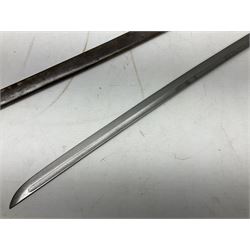 WW2 Japanese Model 1899 Type 32 'Ko' pattern cavalry sword, with 82.5cm single edged, slightly curved blade with narrow fuller, numbered 33825 to the ricasso; steel hilt with chequered backstrap and grip ears with wooden chequered grip and leather finger loop; locking action; in steel scabbard with single hanging ring L99.5cm overall