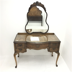 Queen Anne style walnut bedroom suite consisting of double arched top wardrobe, two doors, plinth base on shell carved cabriole feet (W123cm, H200cm, D55cm) a matching knee hole dressing table, raised mirror back, five drawers, shell carved cabriole legs (W114cm, H165cm, D60cm) a double 4'6