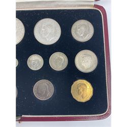 King George VI 1937 fifteen coin specimen set, housed in the official The Royal Mint maroon and gilt case