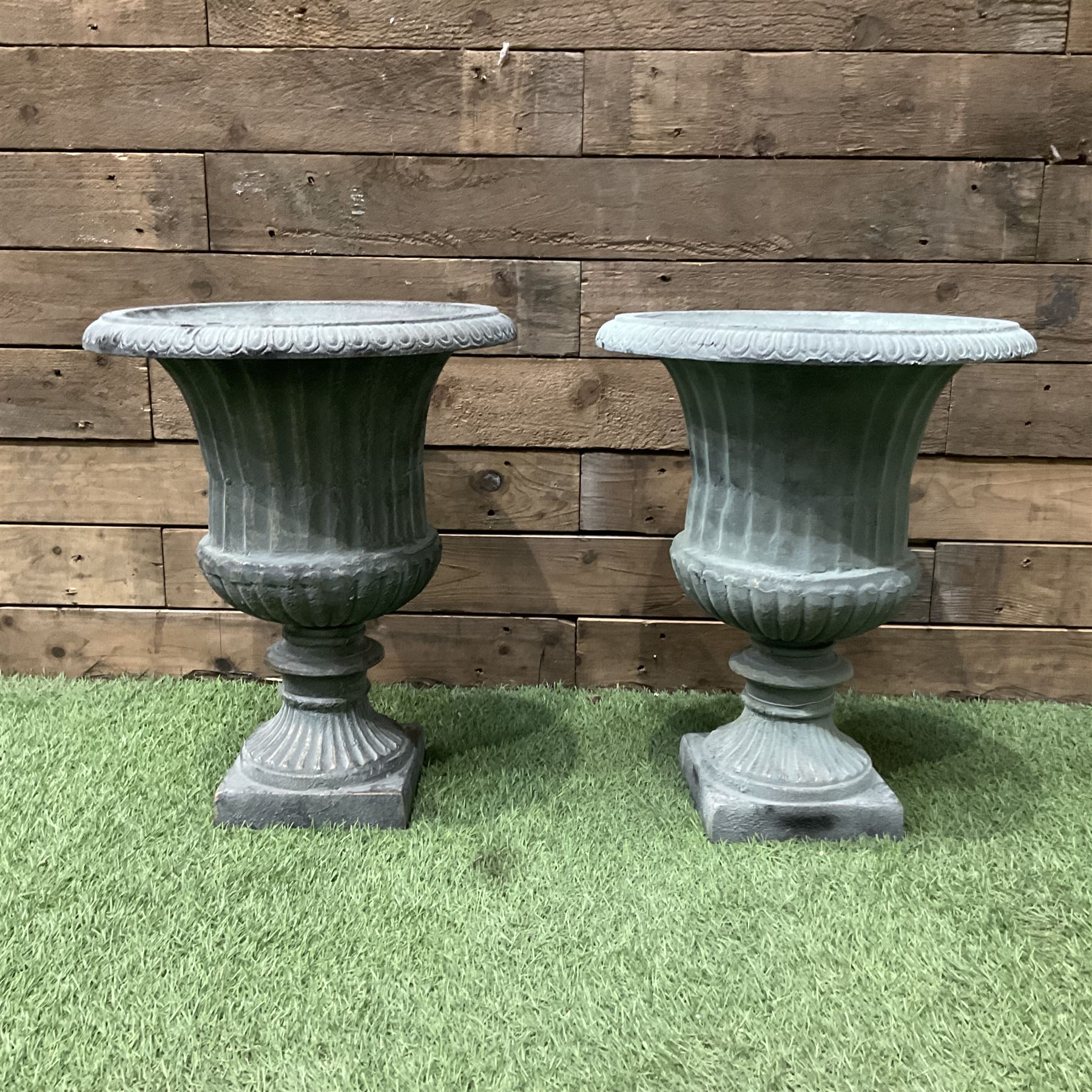 Pair of small Victorian style grey painted cast irons gardens urns - THIS LOT IS TO BE COLLECTED BY APPOINTMENT FROM DUGGLEBY STORAGE, GREAT HILL, EASTFIELD, SCARBOROUGH, YO11 3TX